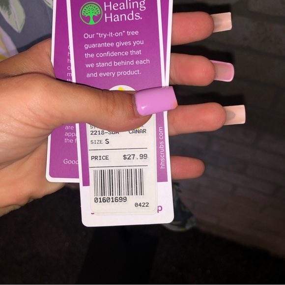 Healing Hands Purple Label Two Button Jewel Neck grey yellow floral scrub top - Picture 5 of 8